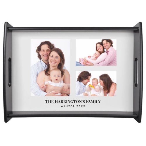Custom 3 Sections Family Photo Collage Grey Frame Serving Tray