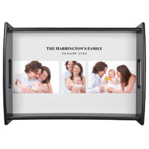 Custom 3 Sections Family Photo Collage Grey Frame Serving Tray