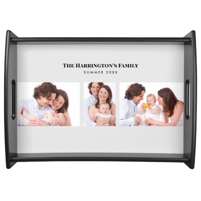 Custom 3 Sections Family Photo Collage Grey Frame Serving Tray (Front)