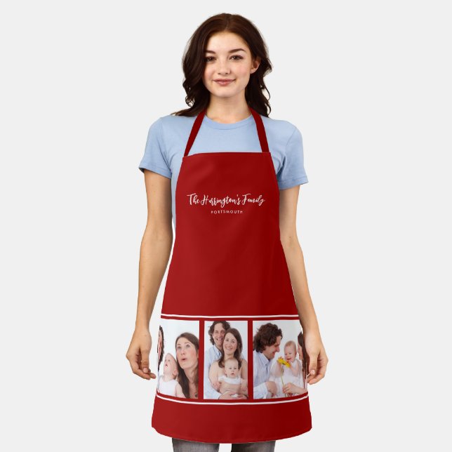 Custom 3 Sections Family Photo Collage Red Frame Apron (Worn)