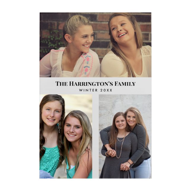Custom 3 Sections Family Photos Collage Gray Frame Acrylic Print (Front)