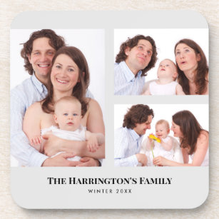 Custom 3 Sections Family Photos Collage Gray Frame Beverage Coaster