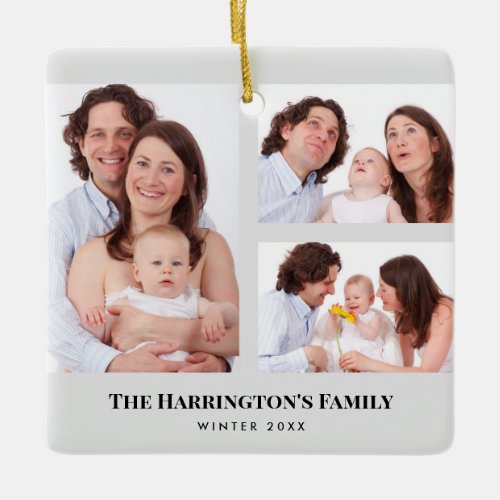 Custom 3 Sections Family Photos Collage Gray Frame Ceramic Ornament