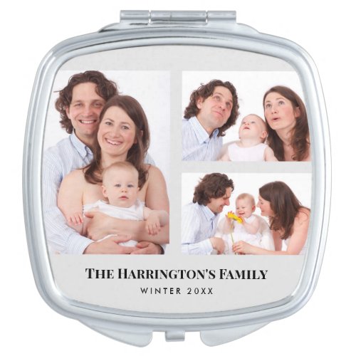 Custom 3 Sections Family Photos Collage Gray Frame Compact Mirror