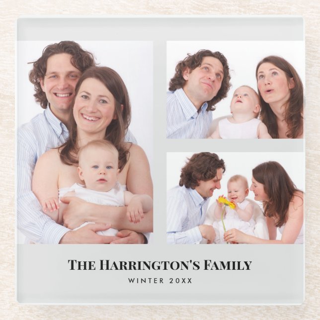 Custom 3 Sections Family Photos Collage Gray Frame Glass Coaster (Front)