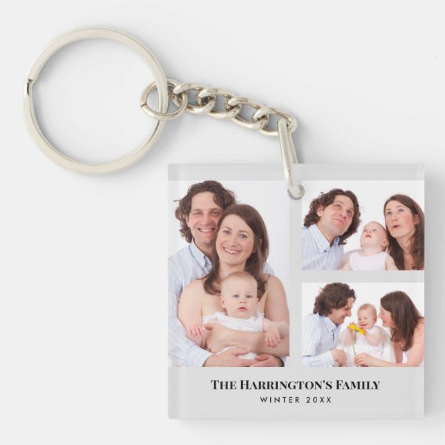 Custom 3 Sections Family Photos Collage Gray Frame Keychain (Front)