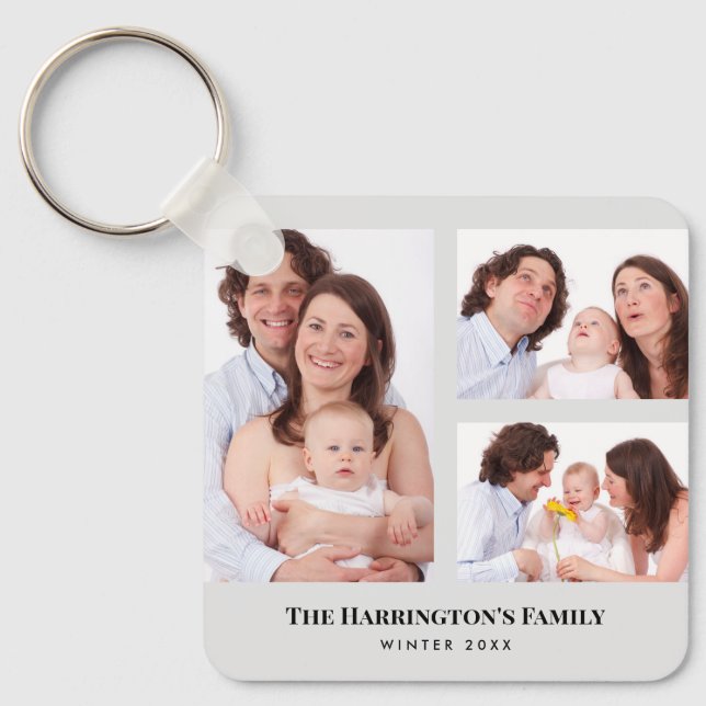 Custom 3 Sections Family Photos Collage Gray Frame Keychain (Front)