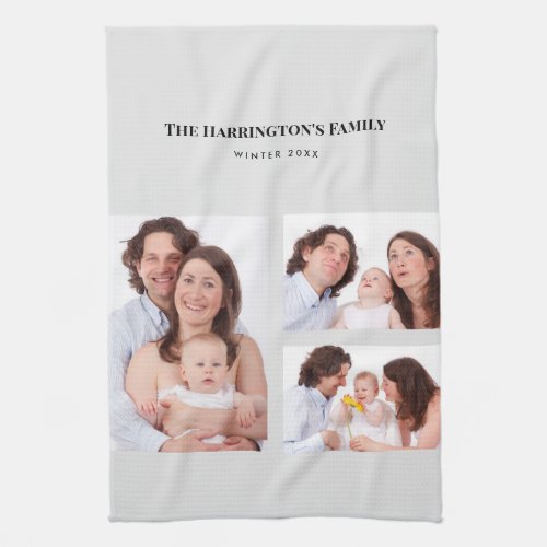 Custom 3 Sections Family Photos Collage Gray Frame Kitchen Towel