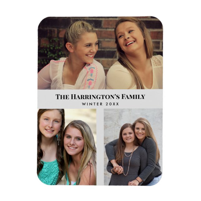 Custom 3 Sections Family Photos Collage Gray Frame Magnet (Vertical)