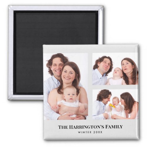 Custom 3 Sections Family Photos Collage Gray Frame Magnet