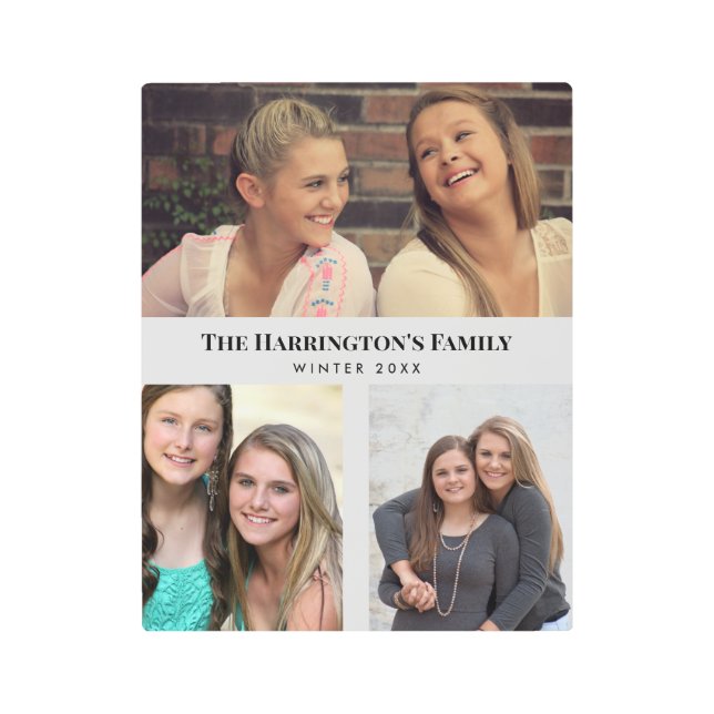 Custom 3 Sections Family Photos Collage Gray Frame Metal Print (Front)