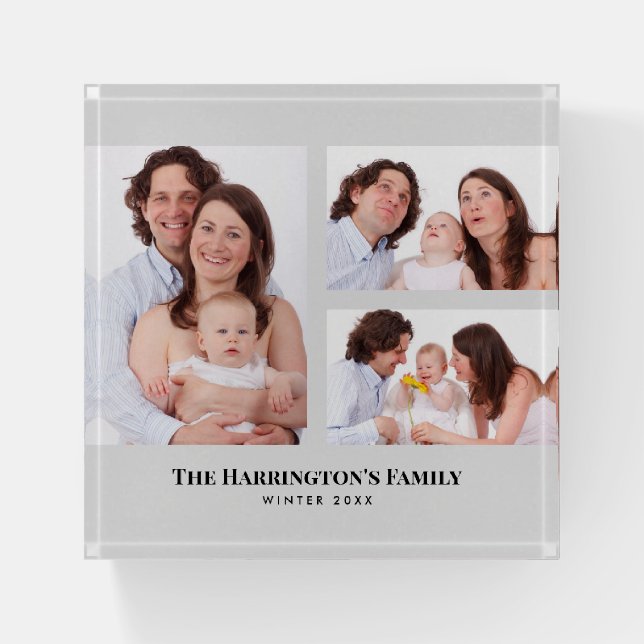 Custom 3 Sections Family Photos Collage Gray Frame Paperweight (Front)