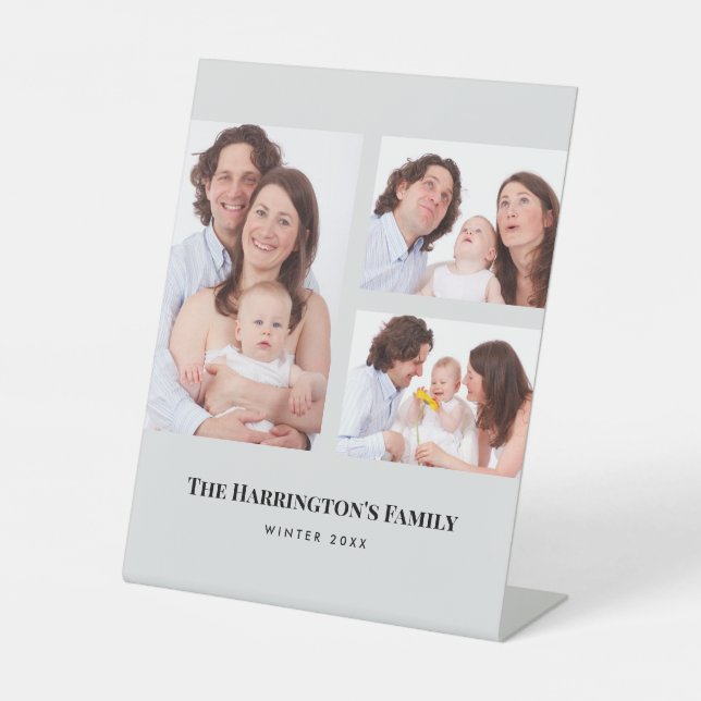 Custom 3 Sections Family Photos Collage Gray Frame Pedestal Sign (Front)