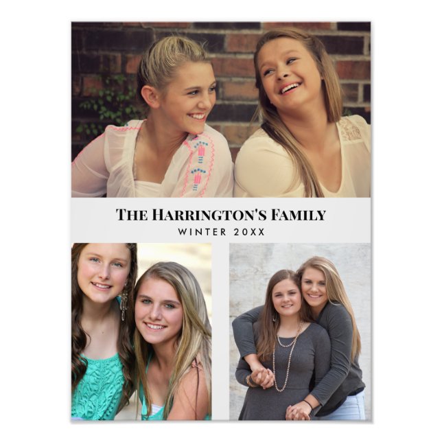 Custom 3 Sections Family Photos Collage Gray Frame Photo Print (Front)