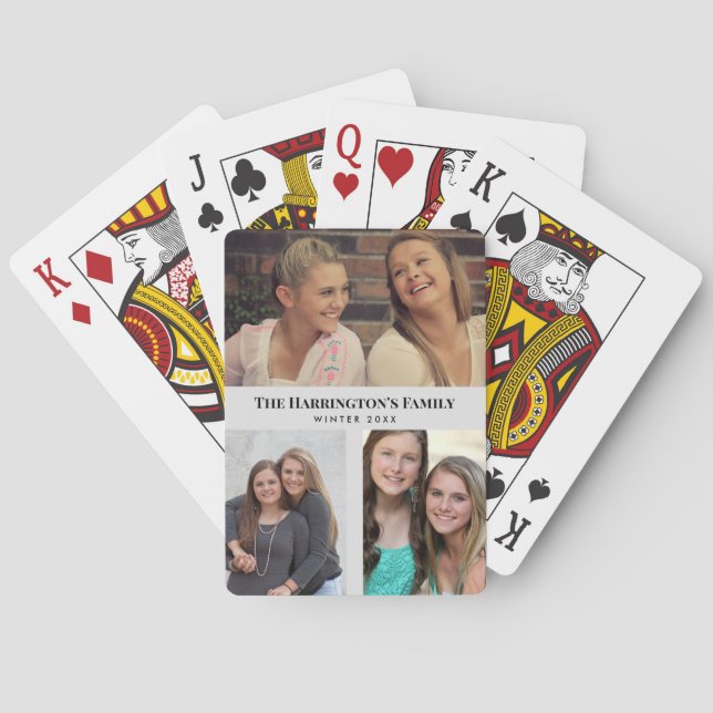 Custom 3 Sections Family Photos Collage Gray Frame Poker Cards (Back)