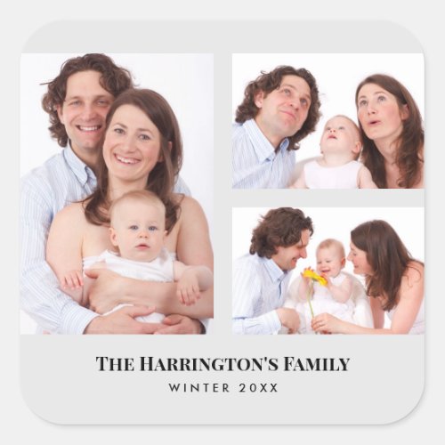 Custom 3 Sections Family Photos Collage Gray Frame Square Sticker
