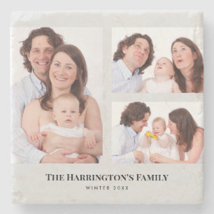 Custom 3 Sections Family Photos Collage Gray Frame Stone Coaster