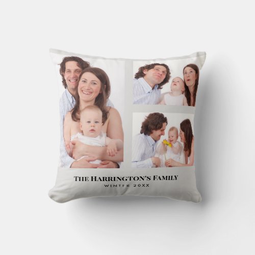 Custom 3 Sections Family Photos Collage Gray Frame Throw Pillow