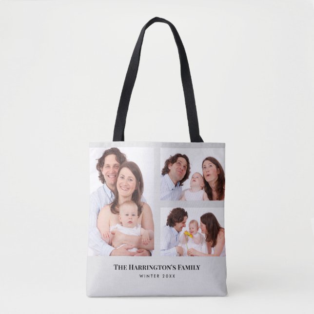 Custom 3 Sections Family Photos Collage Gray Frame Tote Bag (Front)