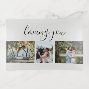 Custom 3 Sections Family Photos Collage Gray Frame Trinket Tray