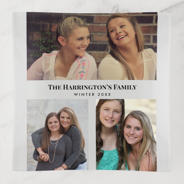 Custom 3 Sections Family Photos Collage Gray Frame Trinket Tray (Front)