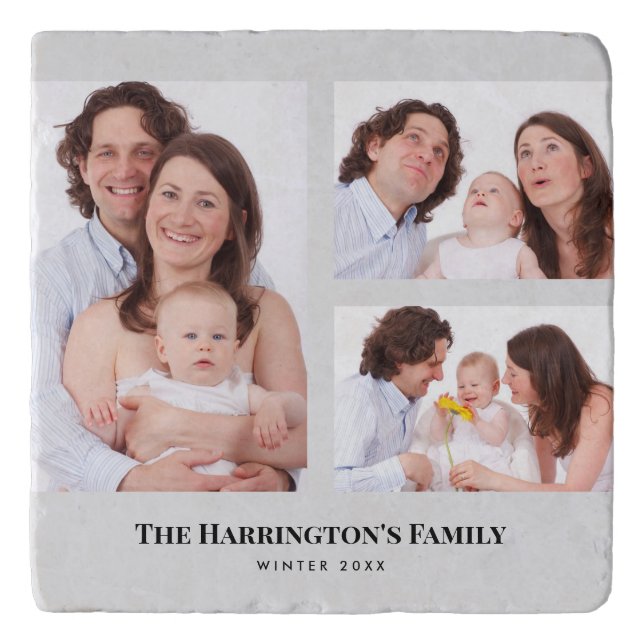 Custom 3 Sections Family Photos Collage Gray Frame Trivet (Front)