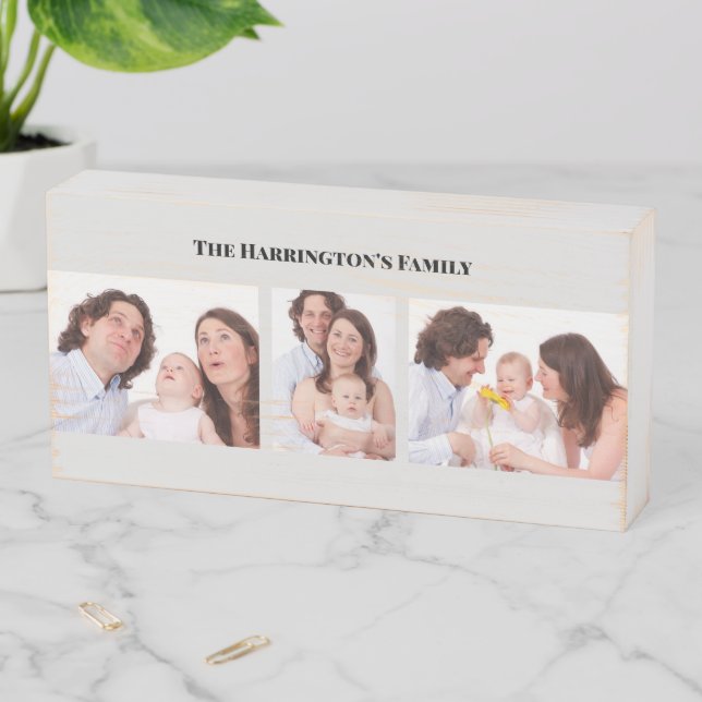 Custom 3 Sections Family Photos Collage Gray Frame Wooden Box Sign (In Situ Horizontal)