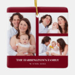Custom 3 Sections Family Photos Collage Red Frame Ceramic Ornament<br><div class="desc">Lovely arrangement of four family photos collage divided in 3 sections with portrait rectangle red frame on the left and two landscape rectangle frames on the right side with a texts on the lower side. Personalise it with your own photos and texts. Perfect a custom made gift for your loved...</div>