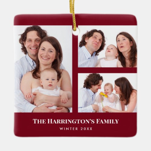 Custom 3 Sections Family Photos Collage Red Frame Ceramic Ornament