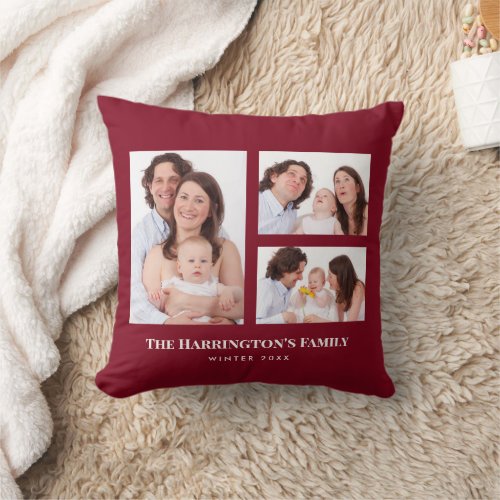 Custom 3 Sections Family Photos Collage Red Frame Throw Pillow