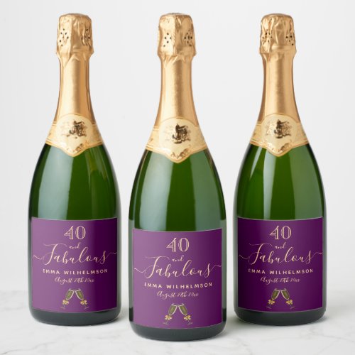 Custom 40 fabulous birthday party purple gold glam sparkling wine label
