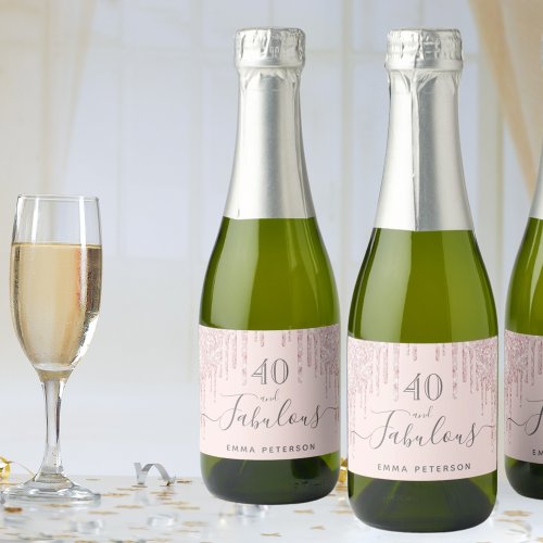 Custom 40 fabulous birthday rose gold glitter pink sparkling wine label