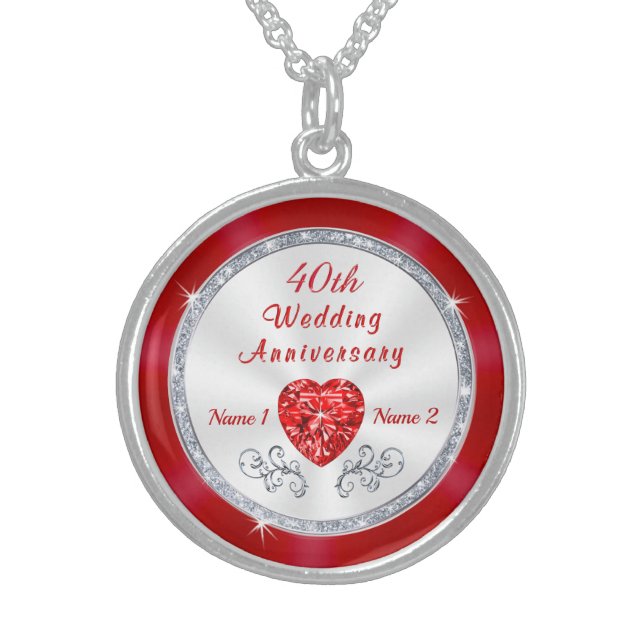 Custom, 40 year Anniversary Gift for Wife, Ruby Sterling Silver Necklace (Front)