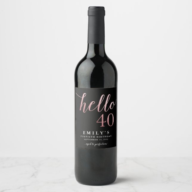 Custom 40th Birthday Blush Gold Foil and Black Wine Label (Front)