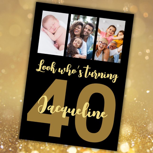 Custom 40th Birthday Gold Modern Photo Collage Invitation (Creator Uploaded)