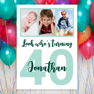 Custom 40th Birthday Green Script Photo Collage Invitation