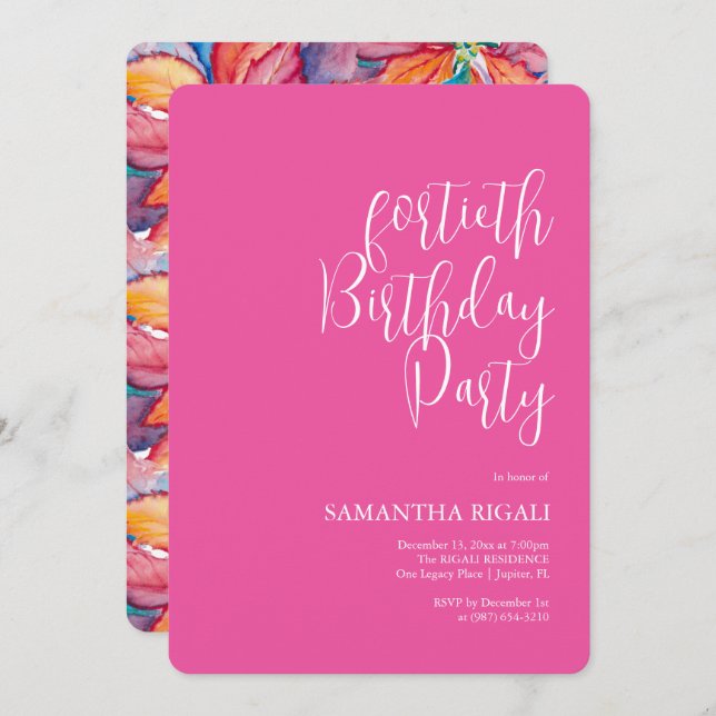 Custom 40th Birthday Invitations Fuchsia Pink (Front/Back)