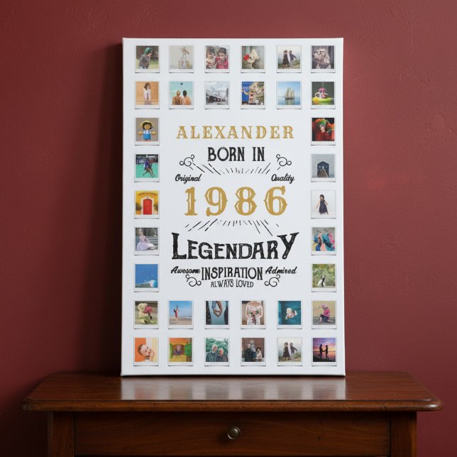 Custom 40th Birthday Photo Collage Family Memories Faux Canvas Print (1986 faux canvas photo template on a wood table against a red wall)
