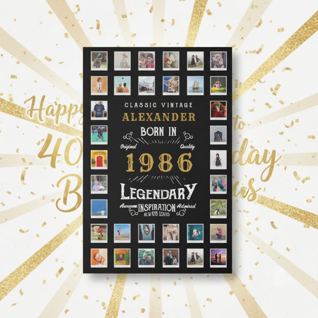 Custom 40th Birthday Photo Collage Family Memories Faux Canvas Print (1986 faux canvas photo grid on a white and gold background.)