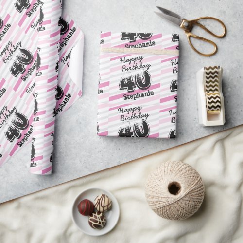 Custom 40th Birthday Pink Striped Wrapping Paper