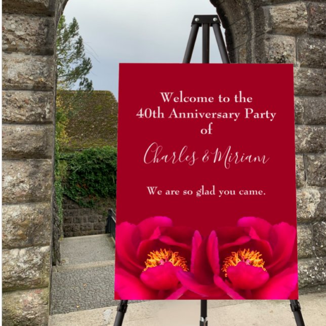 Custom 40th Ruby Anniversary Party Welcome Sign (Add names to customize this elegant ruby red sign. 40th wedding anniversary floral custom sign..)