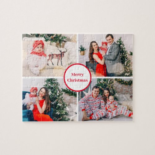 Custom 4 Family Photo Collage Merry Christmas Jigsaw Puzzle