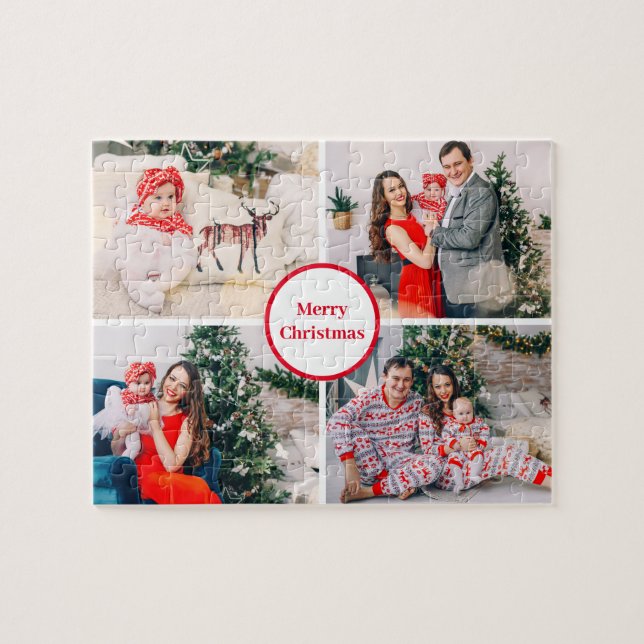 Custom 4 Family Photo Collage Merry Christmas Jigsaw Puzzle (Horizontal)