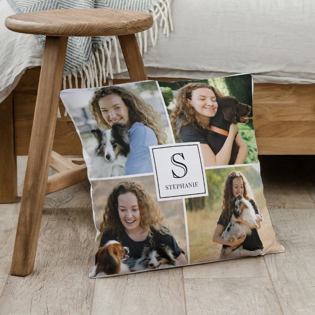 Custom 4 Multi Photo Collage Monogram & Name Throw Pillow (Creator Uploaded)