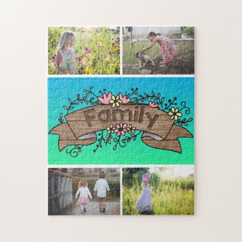 Custom 4 Photo Blue Green Rustic Family Floral Jigsaw Puzzle