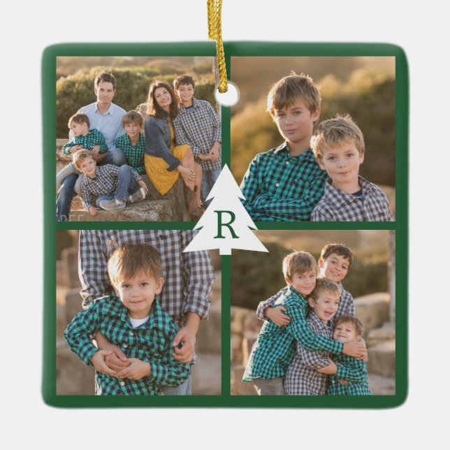 Custom 4 Photo Christmas Tree Monogram Green Ceramic Ornament (Front)