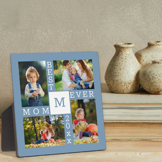 Custom 4 Photo Collage Best Mom Ever Blue & White Plaque (Creator Uploaded)
