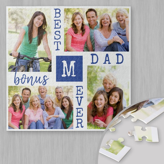 Custom 4 Photo Collage Blue Best Bonus Dad Ever Jigsaw Puzzle (Creator Uploaded)