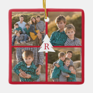 Custom 4 Photo Collage Christmas Tree Monogram Red Ceramic Ornament