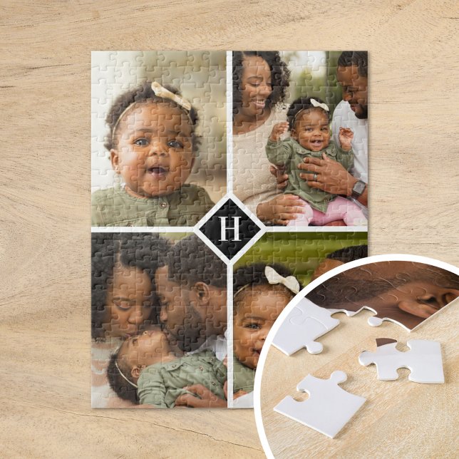 Custom 4 Photo Collage Family Monogram | Black Jigsaw Puzzle (Creator Uploaded)